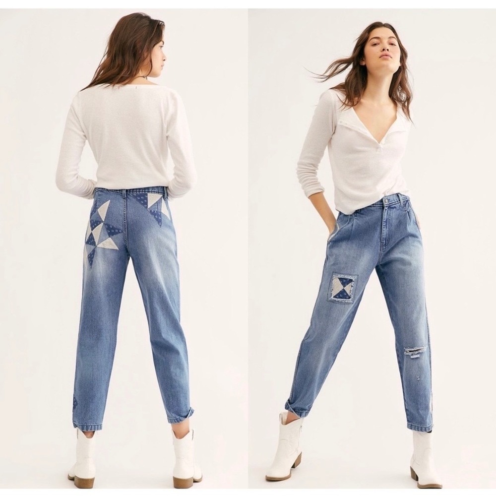 We The Free Free People Down to Earth Patchwork Jeans Blue High Rise 25 Boho